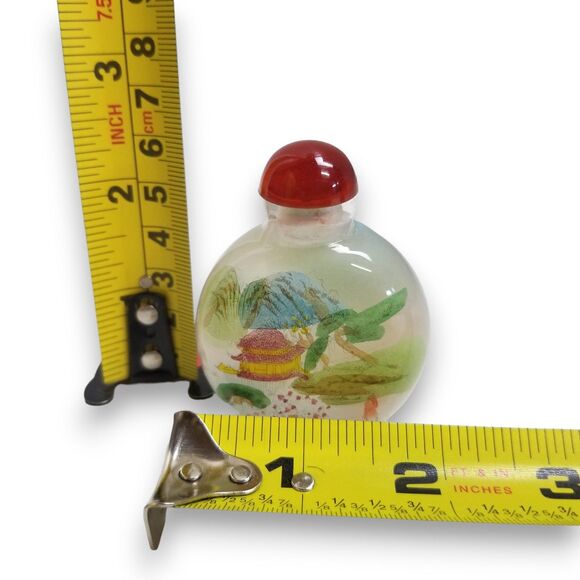 VTG Chinese Reverse Painted Glass Mountain Landscape Snuff Bottle Red Stopper - Picture 2 of 6